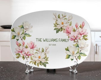 Personalized Magnolia Platter | Custom Family Name Tray | Southern Floral Serving Platter | Wedding Housewarming Gift