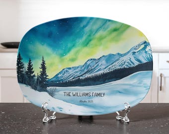 Personalized Northern Lights Winter Platter | Custom Family Name Aurora Serving Tray | Alaska-Inspired Holiday Gift