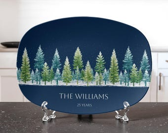 Winter Pine Forest Platter Personalized | Family Name Keepsake Tray