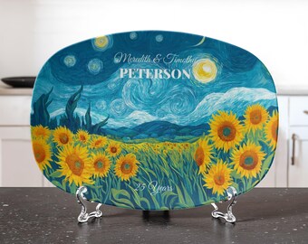 Personalized Sunflower Starry Night Platter | Custom Family Name Serving Tray | Starry Night Inspired Housewarming Gift