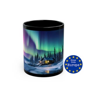 Northern Lights Cabin Mug | Aurora Borealis Mug Ships from EU | Iceland Gift | Nordic Night Sky Magic | Dark Skies Mug | Nature Lover Gift