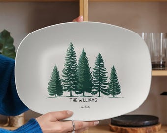 Personalized Evergreen Family Platter | Custom Name & Established Date | Rustic Winter Forest Serving Tray Gift
