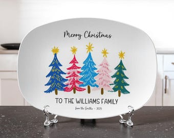 Pastel Christmas Trees Platter Personalized | Custom Family Name Holiday Serving Tray | Merry & Bright Festive Gift