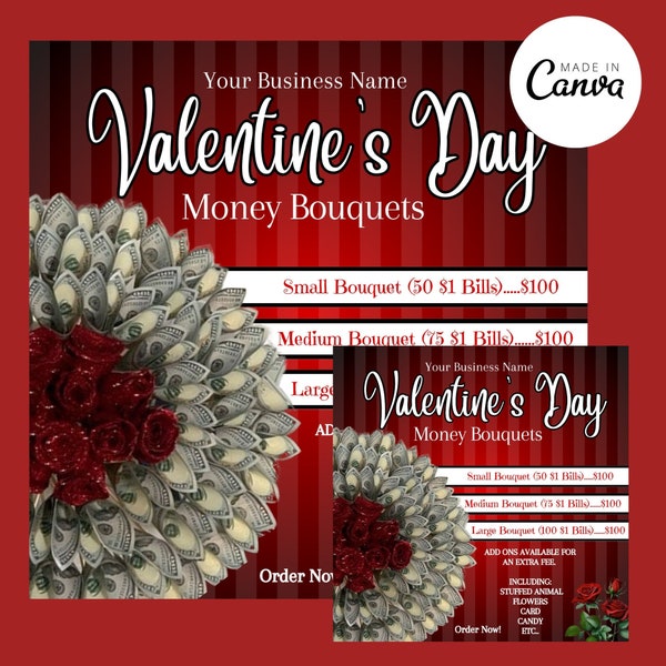 Editable Canva Money Bouquet February Valentine Booking Flyer Template