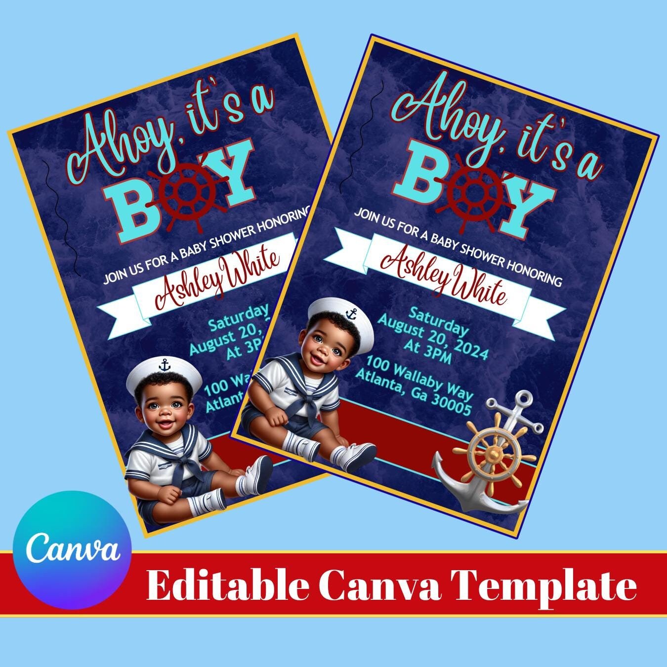 Ahoy Boy Sailor Baby Shower Flyer Template Invitation