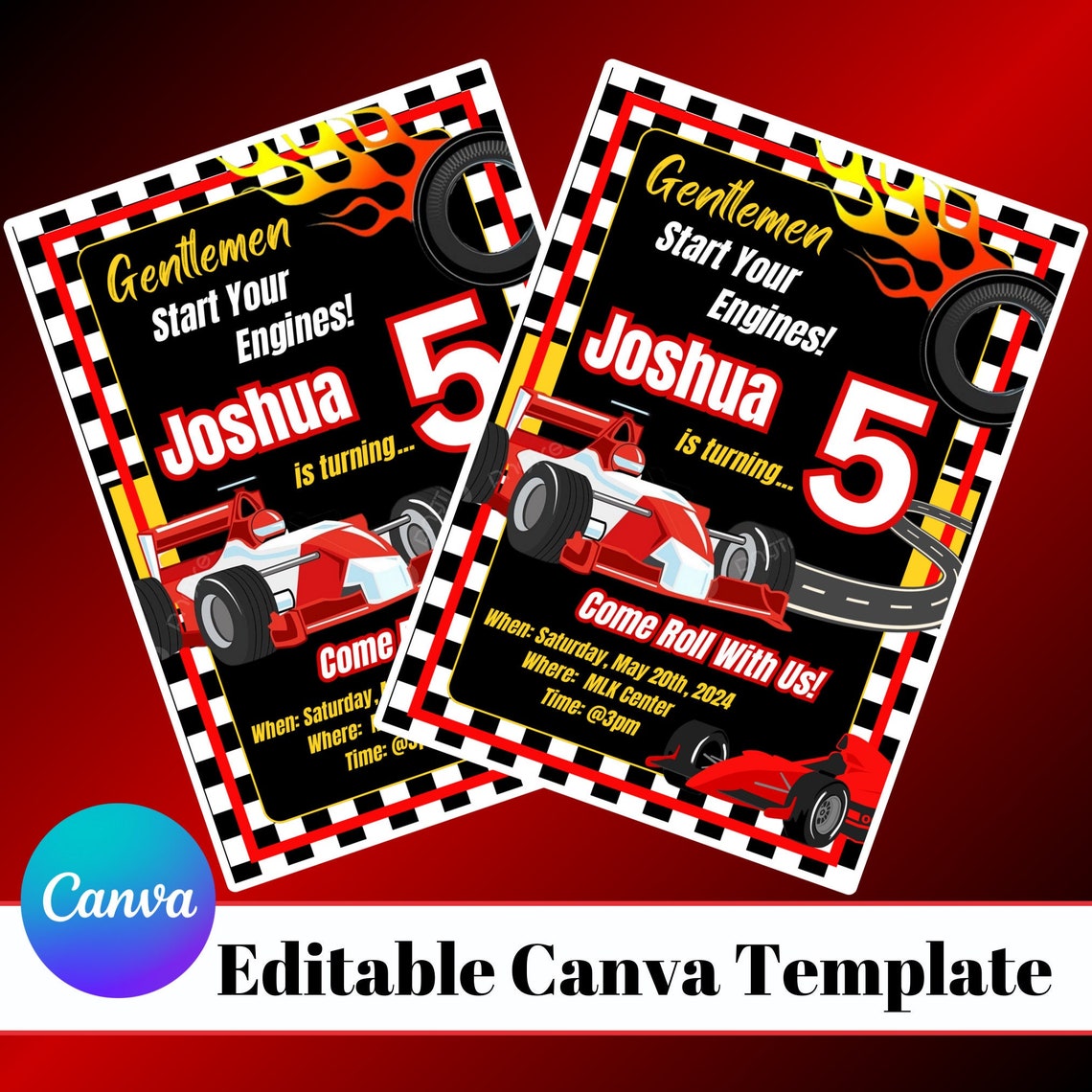 Editable Canva Race Car Birthday Party Invitation Flyer Template - Etsy