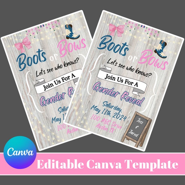 Boots or Bows Gender Reveal Party Invitation Flyer Template