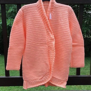 Crochet &quot;wear-anywhere&quot; Jacket. Long version shown here (26&quot; long).  (shown in Sea Coral); Women&#39;s size: L [TOP601]