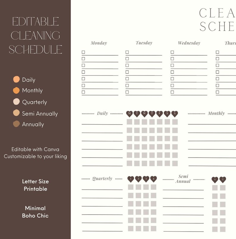 Editable Weekly, Monthly, Annual Cleaning Schedule. Minimalist & Boho ...
