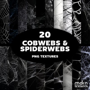 May include: A collection of 20 high-resolution PNG textures of cobwebs and spiderwebs. The images are black and white and show various intricate patterns of webs.