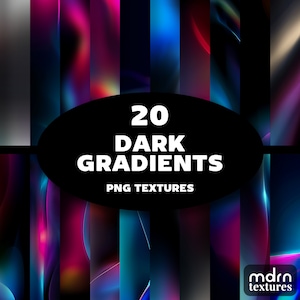 Puede incluir: Un conjunto de 20 texturas PNG de degradado oscuro. Las texturas son una mezcla de colores azules, morados y rosas. El texto "20 DARK GRADIENTS PNG TEXTURES" se muestra en blanco sobre un fondo negro.