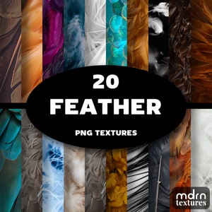 May include: A collection of 20 feather textures in PNG format. The textures feature a variety of colours and patterns, including blue, green, brown, white, and purple.