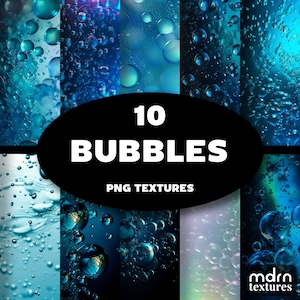 May include: Ten digital images of blue bubbles in water. The images are labeled "10 BUBBLES PNG TEXTURES" and "mdn textures".