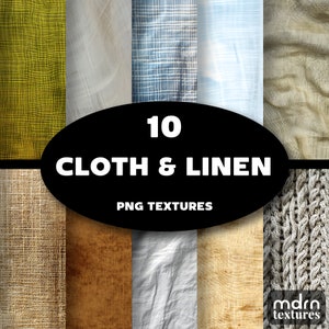 May include: A collection of 10 digital PNG textures featuring various types of cloth and linen. The textures include a variety of colors and patterns, such as a light blue plaid, a white linen, and a brown burlap.