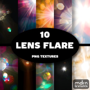 May include: A collection of 10 lens flare PNG textures. The textures are in various colors, including red, orange, yellow, green, blue, and purple. The textures are perfect for adding a realistic lens flare effect to your photos and videos.