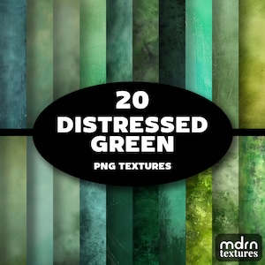 Puede incluir: 20 texturas PNG verdes desgastadas. Las texturas son de varios tonos de verde con un aspecto desgastado y envejecido.