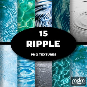 Op de afbeelding: Een verzameling van 15 ripple PNG-texturen, met verschillende tinten blauw en grijs waterrimpels. De texturen zijn perfect om een realistisch watereffect toe te voegen aan digitale ontwerpen.