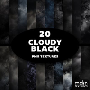 May include: 20 black and white cloudy textures in PNG format. The textures are abstract and resemble clouds, smoke, or fog. The text "20 CLOUDY BLACK PNG TEXTURES" is in the center of the image.