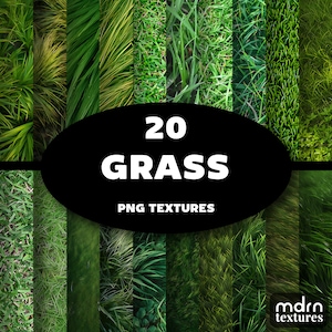 May include: A collage of 20 different green grass textures, each displayed as a vertical strip. The image is labeled "20 GRASS PNG TEXTURES" and includes the logo "mdrn textures".