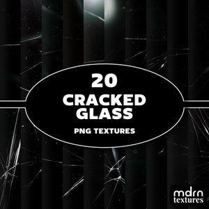 May include: 20 black and white cracked glass PNG textures. The textures are arranged in a grid pattern. The text "20 CRACKED GLASS PNG TEXTURES" is in white text on a black oval.