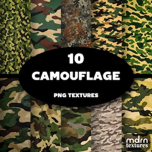 May include: Ten digital camouflage patterns in various shades of green, brown, and beige. The patterns are arranged in a grid with a black banner at the top that reads "10 CAMOUFLAGE PNG TEXTURES".
