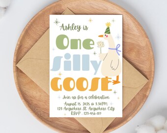 Invitación de cumpleaños de One Silly Goose / Plantilla editable de Canva