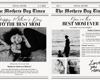 Plantilla editable para Canva con diseño de portada de periódico para el Día de la Madre (descarga digital)
