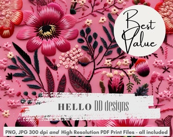 Fichier sans couture de broderie, broderie florale rose sans couture, Cottage Core Boho sans couture, motif sans couture de broderie botanique, couture de look 3D