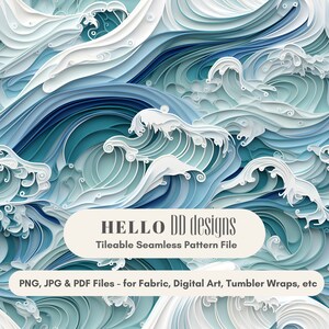 Op de afbeelding: Een naadloos patroon met een blauw en wit papier-cut ontwerp van oceaan golven. Het patroon is tegelbaar en kan worden gebruikt voor stoffen, digitale kunst, tumbler wraps en andere projecten. De tekst "HELLO DD designs" en "Tileable Seamless Pattern File" is opgenomen in de afbeelding.