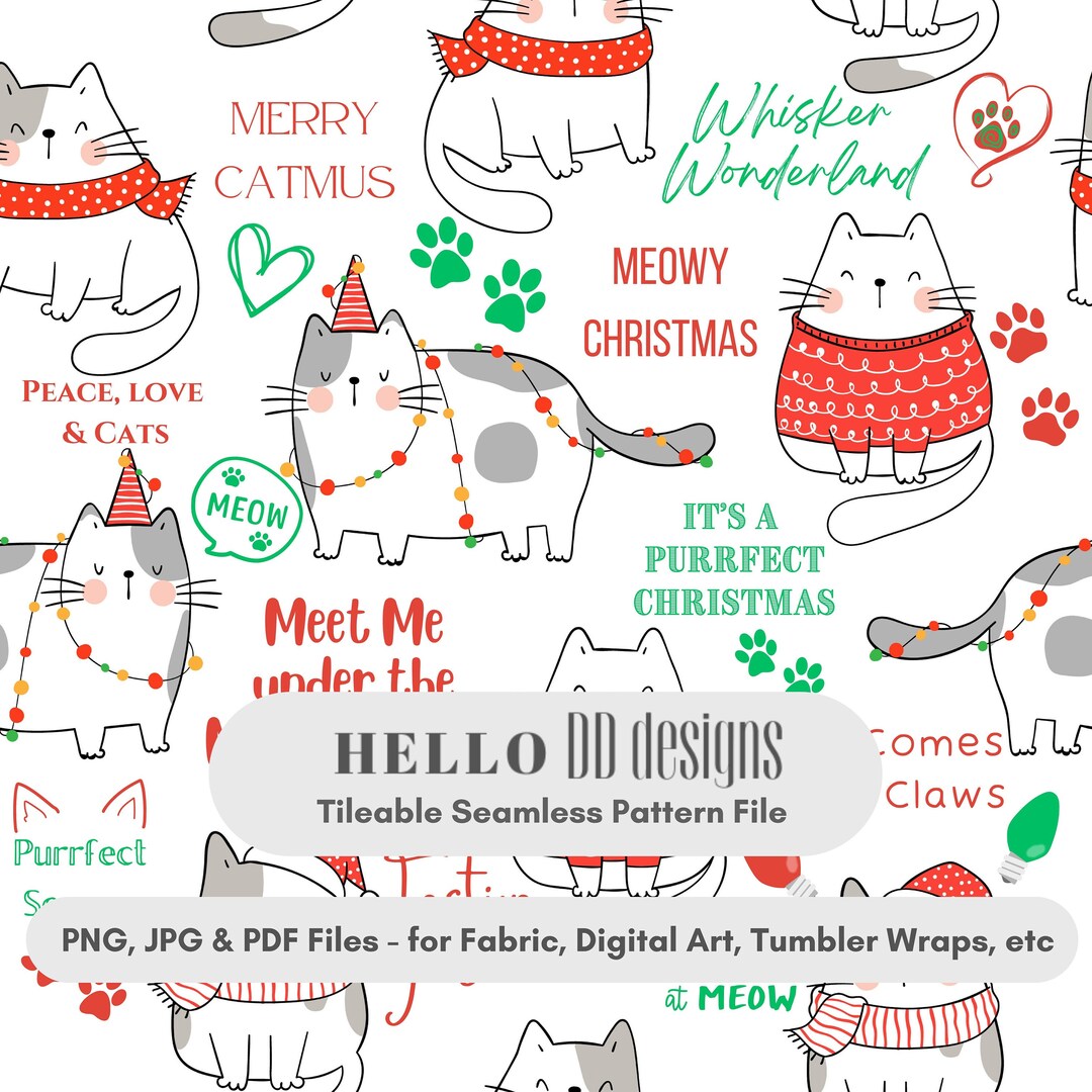 Meowy Christmas Cat PNG Seamless Files, Cute Seamless Pattern Fabric ...