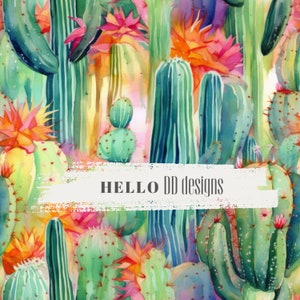 May include: A watercolor painting of a vibrant cactus garden with green, blue, and yellow cacti. The painting features a white banner with the text "HELLO DD designs".