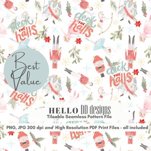 以下が含まれることがあります： くるみ割り人形、バレリーナ、そして「Deck the Halls」というテキストが描かれた水彩画のシームレスパターン。パターンは白地に赤、緑、青のアクセントで描かれています。