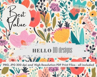 Digital Seamless Pattern File, Spring Summer Floral Print, Boho Seamless Pattern Repeating File, Fabric Printing, Sublimation, Tumbler Wrap