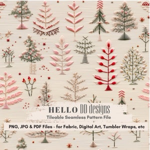 Faux Embroidery Christmas Tree Seamless Pattern Files, Pastel Christmas Tumbler Sublimation Designs, Create Custom Wrapping Paper, PNG file