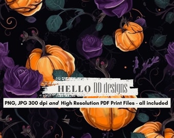 Goth Roses Seamless Pattern with Halloween Pumpkins, Gothic Digital File, Goth Core PNG JPG and PDF - All Included!