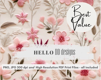 Fichier sans couture de broderie, broderie florale rose sans couture, Cottage Core Boho sans couture, motif sans couture de broderie botanique, Daisy sans couture