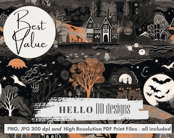Halloween Seamless Pattern File, Vintage Pumpkin Haunted House Bats Pattern, Sublimation, Tumbler Wrap, Digital Pattern, Fabric Printing