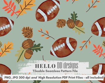 Watercolor Football Sage Fall Seamless Pattern, Digital Seamless Paper, Autumn Fall leaves, Thanksgiving Digital Commercial use File