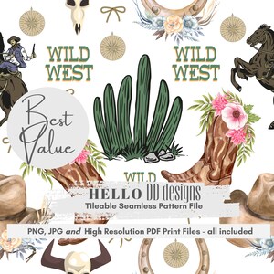 May include: A seamless pattern featuring a variety of Wild West themed elements, including cacti, cowboy boots, horseshoes, and the words "Wild West".
