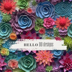 May include: A colourful floral arrangement featuring paper flowers in shades of red, pink, blue, green, and purple. The text "HELLO DD designs" is displayed across the bottom of the image.