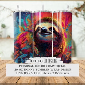 Sloth 20oz Tumbler Wrap, Sloth Animal Tumbler, Skinny Tumbler Template Sloth, Sloth PNG Design, Aesthetic Deco Tumbler Straight, Sublimation