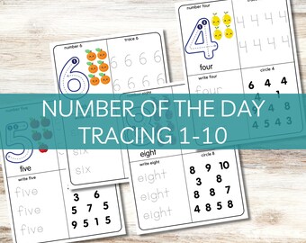 May include: A set of printable worksheets for kids to practice tracing numbers 1 through 10. Each worksheet features a different number with a fun illustration and space to trace the number multiple times. The worksheets also include activities like writing the number and circling the number.