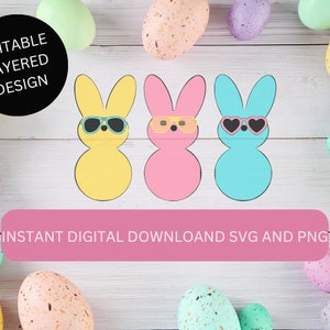 May include: Three pastel colored bunny shaped cutouts with sunglasses. The bunnies are yellow, pink, and blue. The sunglasses are blue, yellow, and pink. The bunnies are on a white wood background with pastel colored Easter eggs.
