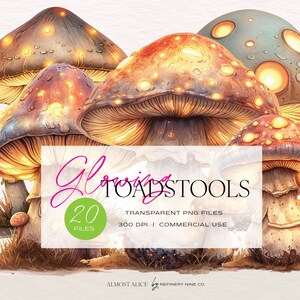 Clipart champignon vénéneux lumineux mystique forêt enchantée aquarelle champignons pour travaux manuels, emballage de verre, scrapbooking, journaux indésirables, papeterie