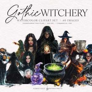 Gothic Witchcraft Clipart: Watercolor PNG Bundle (Commercial Use)