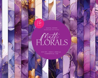 Purple Gold Alcohol Ink Seamless Patterns: Floral Digital Paper (PNG)