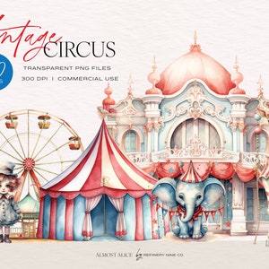 Colorful Vintage Circus Clipart Bundle: Blue, Red, Creme Watercolor Illustrations for Invitations, Nursery Decor, Scrapbooking, Junk journal