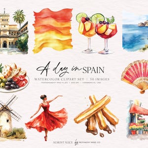 A Day In Spain aquarel clipart, aquarel zomer clipart, reizen, sinaasappelen clipart, barcelona, spaans, vakantie, scrapbooking, esthetiek