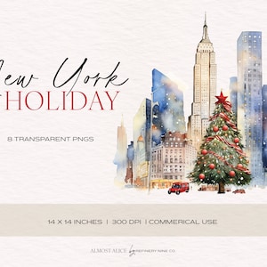 Scenario natalizio di New York, Clipart ad acquerello, Natale, Solstizio d'inverno, Scrapbooking, Designer, Stazionario, Vacanza, PNG trasparente