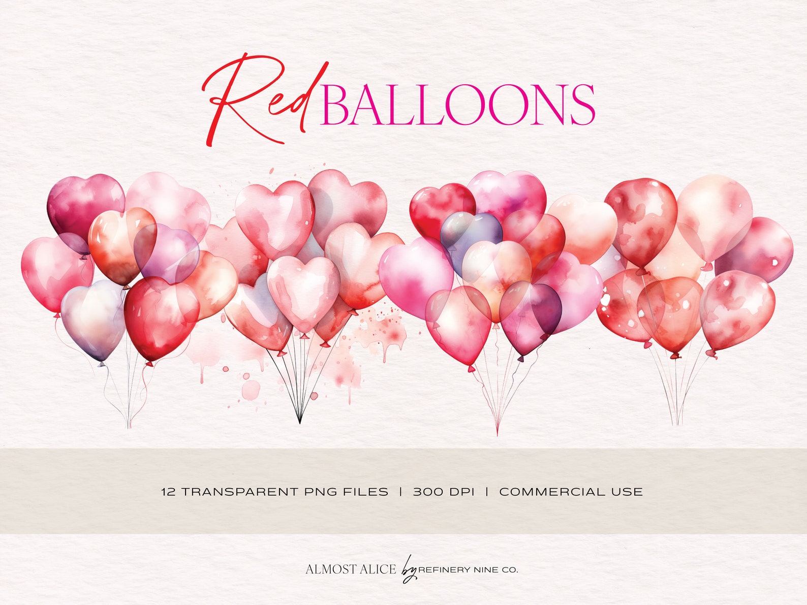 Watercolor Balloon Clipart, Red Pink Balloons Clip Art for Commercial ...